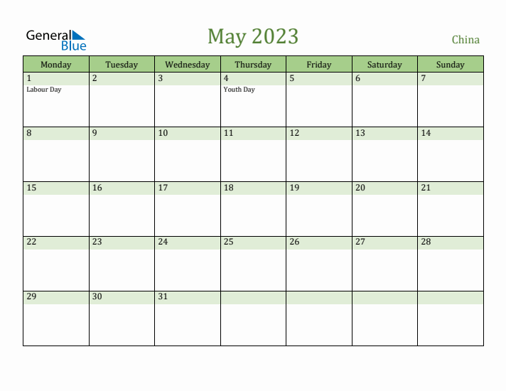 May 2023 Calendar with China Holidays