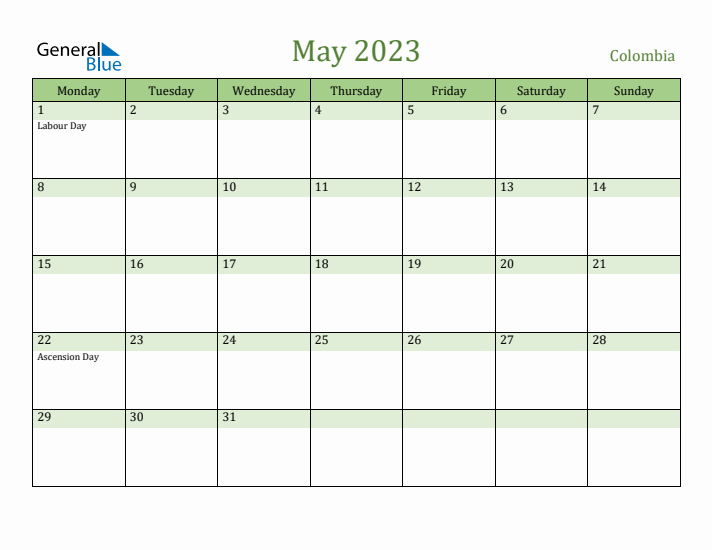 May 2023 Calendar with Colombia Holidays