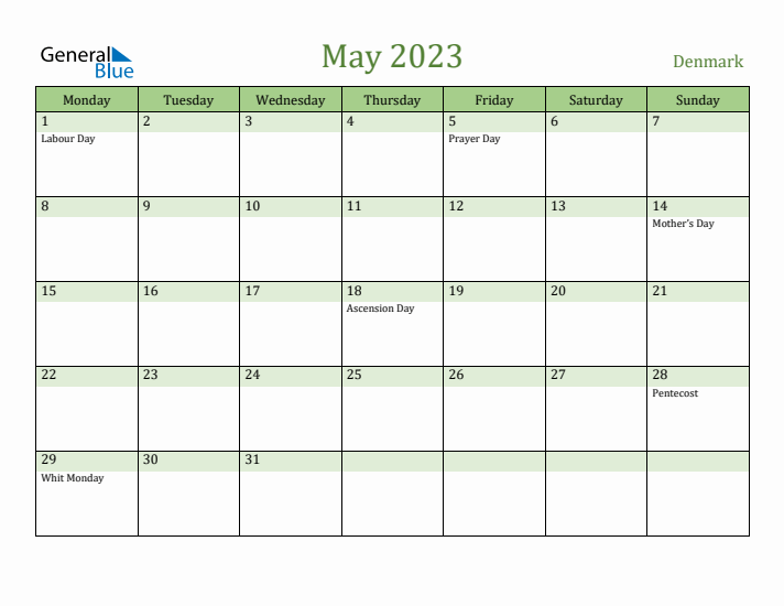 May 2023 Calendar with Denmark Holidays