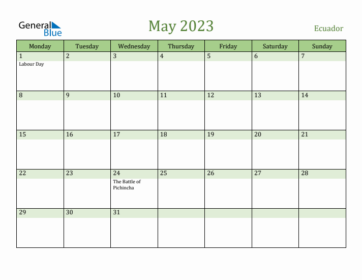 May 2023 Calendar with Ecuador Holidays