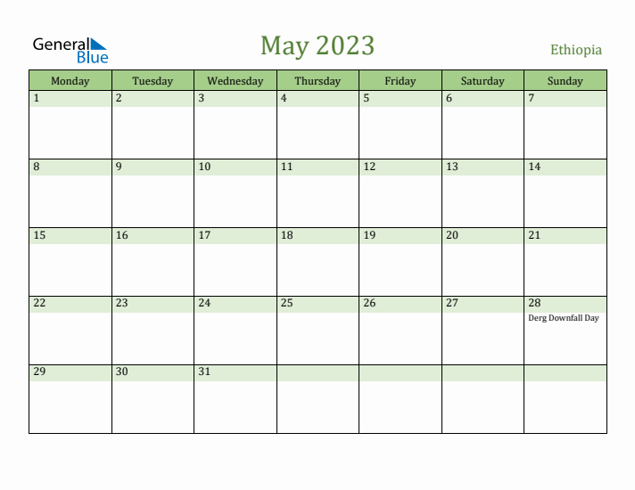 May 2023 Calendar with Ethiopia Holidays