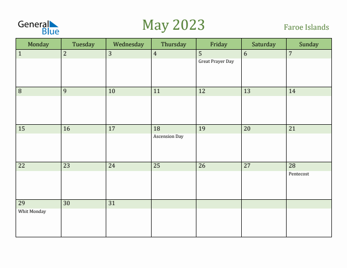May 2023 Calendar with Faroe Islands Holidays
