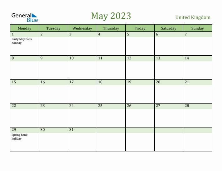 May 2023 Calendar with United Kingdom Holidays