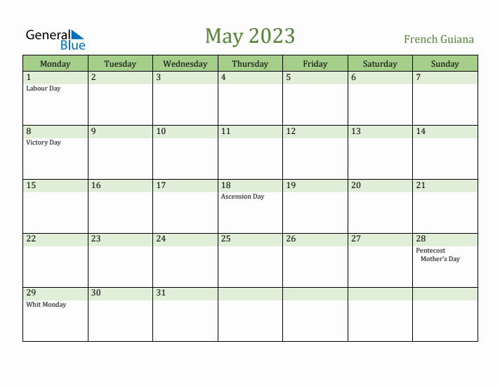 May 2023 Calendar with French Guiana Holidays