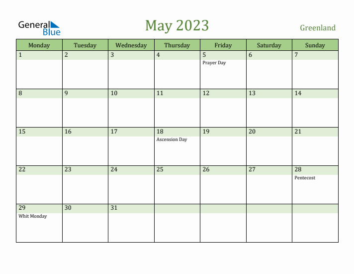 May 2023 Calendar with Greenland Holidays