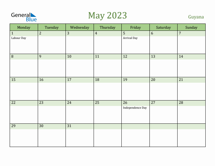 May 2023 Calendar with Guyana Holidays