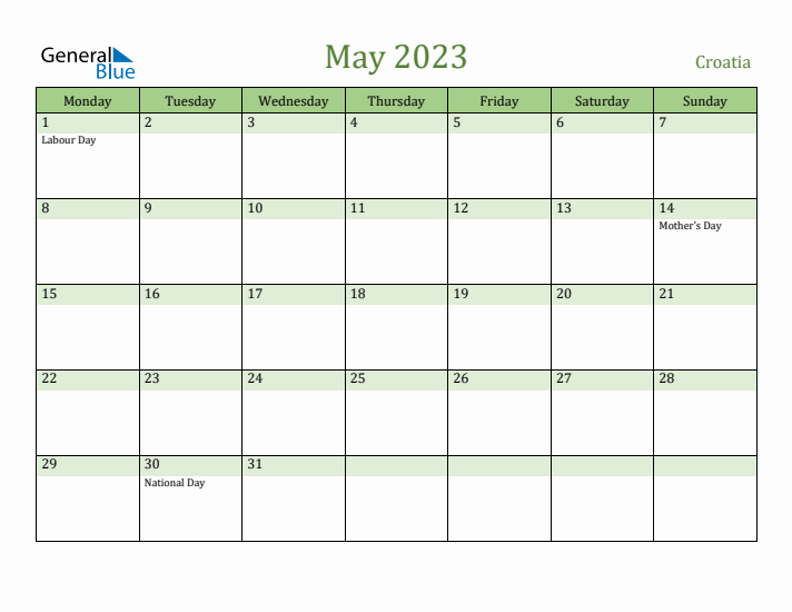 May 2023 Calendar with Croatia Holidays