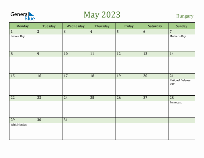 May 2023 Calendar with Hungary Holidays