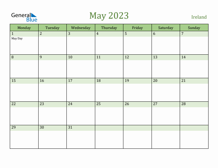 May 2023 Calendar with Ireland Holidays