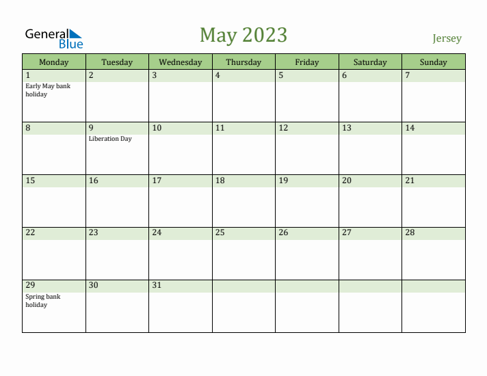 May 2023 Calendar with Jersey Holidays