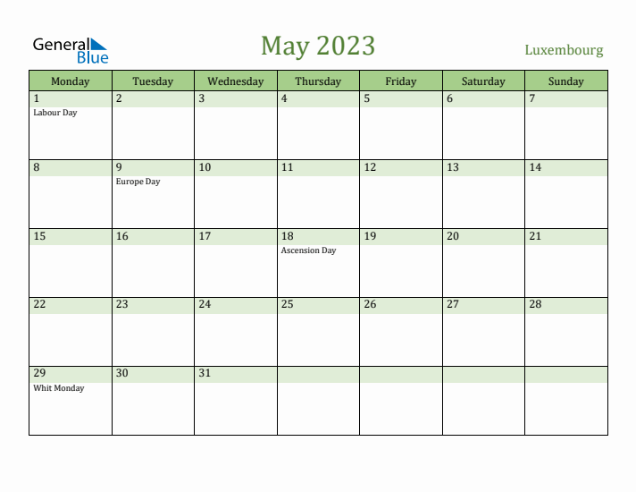 May 2023 Calendar with Luxembourg Holidays