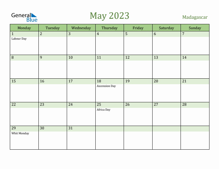 May 2023 Calendar with Madagascar Holidays