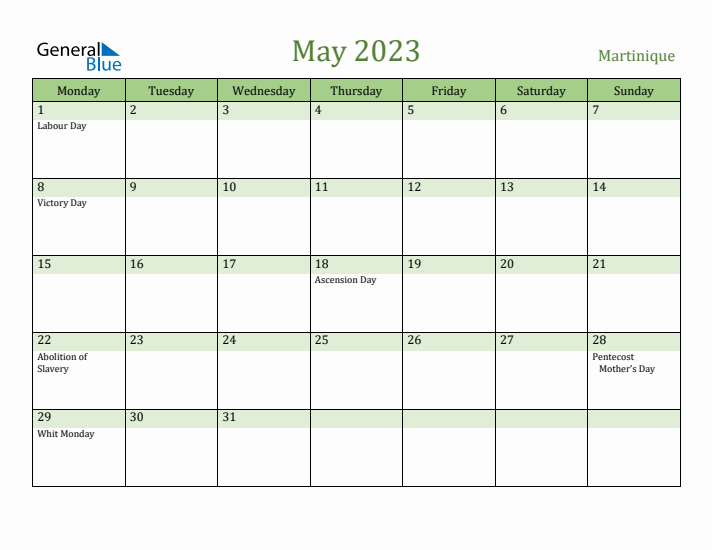 May 2023 Calendar with Martinique Holidays