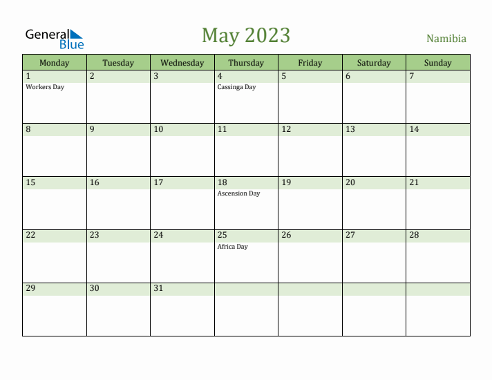 May 2023 Calendar with Namibia Holidays