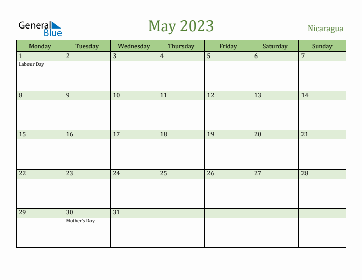 May 2023 Calendar with Nicaragua Holidays