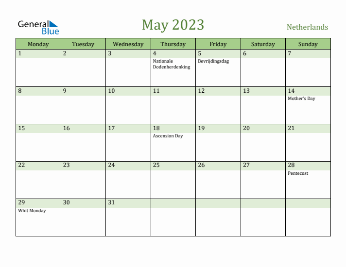 May 2023 Calendar with The Netherlands Holidays