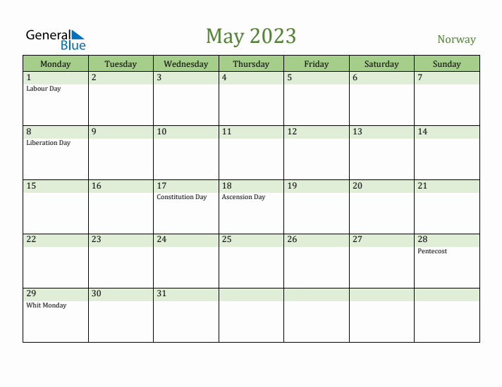 May 2023 Calendar with Norway Holidays