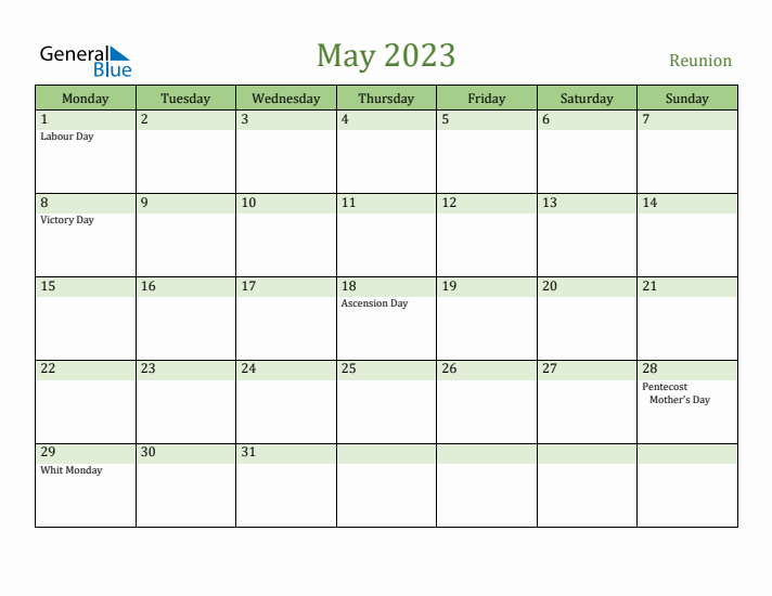 May 2023 Calendar with Reunion Holidays