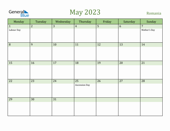 May 2023 Calendar with Romania Holidays