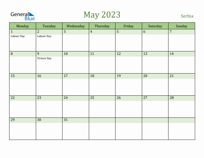 May 2023 Calendar with Serbia Holidays