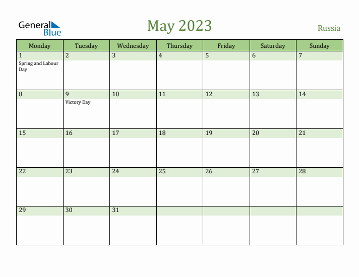May 2023 Calendar with Russia Holidays