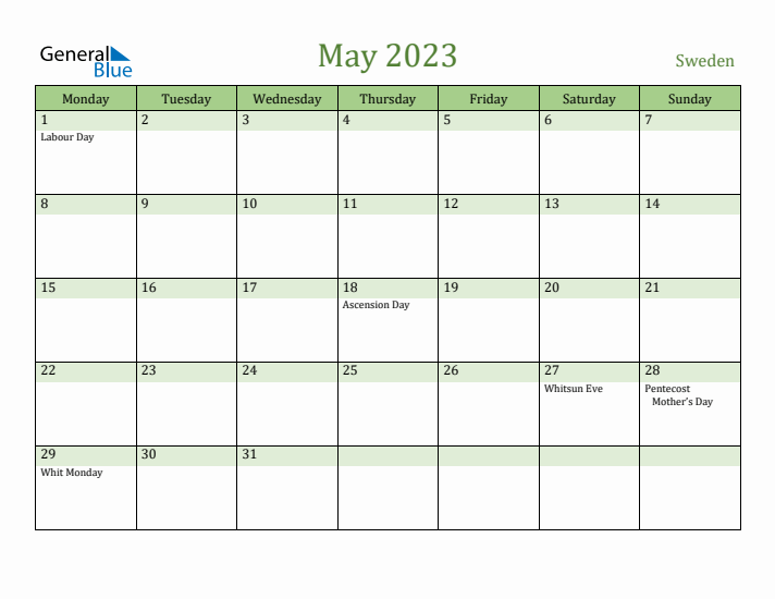 May 2023 Calendar with Sweden Holidays