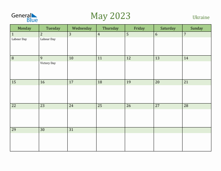 May 2023 Calendar with Ukraine Holidays