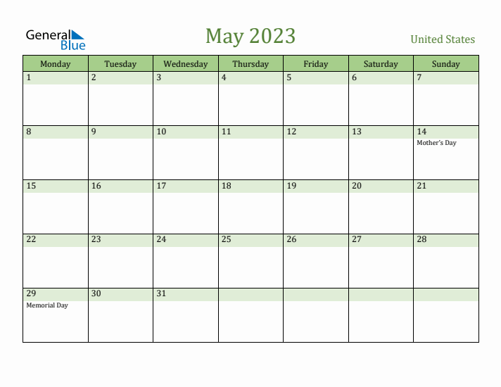 May 2023 Calendar with United States Holidays