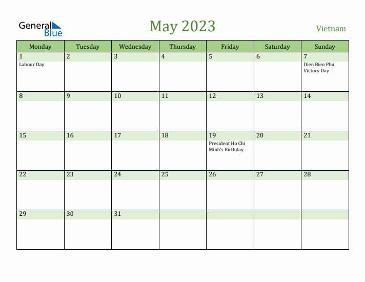 May 2023 Calendar with Vietnam Holidays