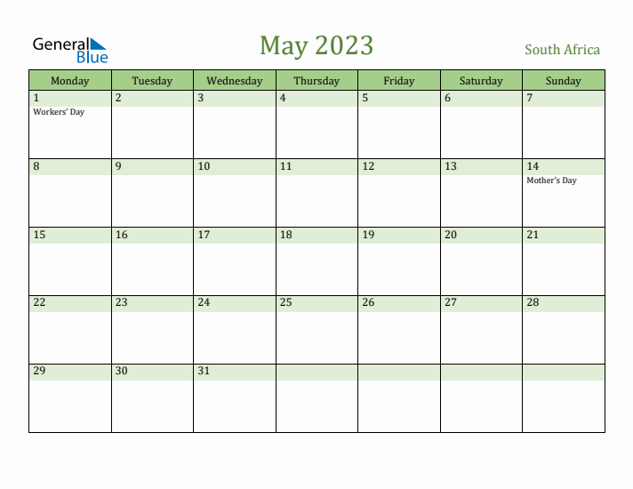 May 2023 Calendar with South Africa Holidays