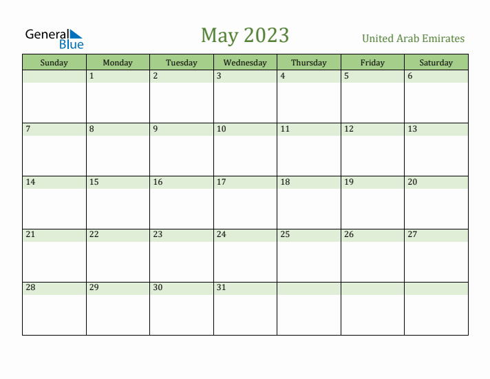 May 2023 Calendar with United Arab Emirates Holidays