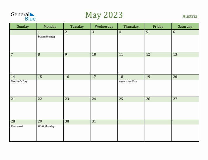 May 2023 Calendar with Austria Holidays