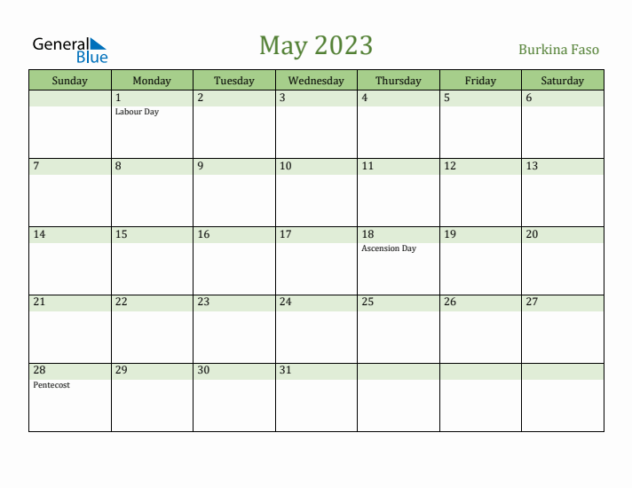 May 2023 Calendar with Burkina Faso Holidays