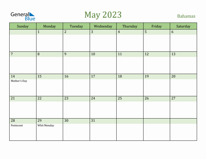 May 2023 Calendar with Bahamas Holidays