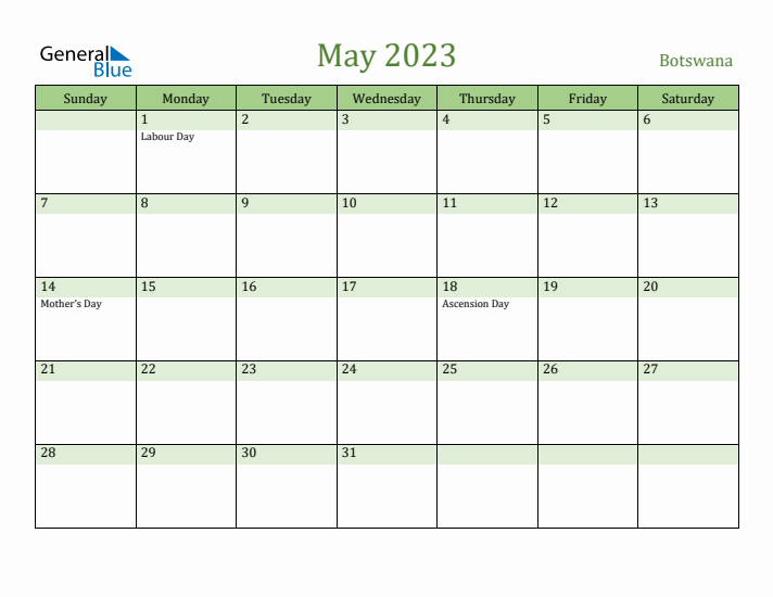 May 2023 Calendar with Botswana Holidays