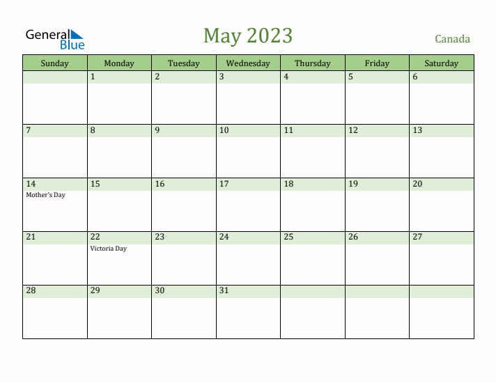 May 2023 Calendar with Canada Holidays