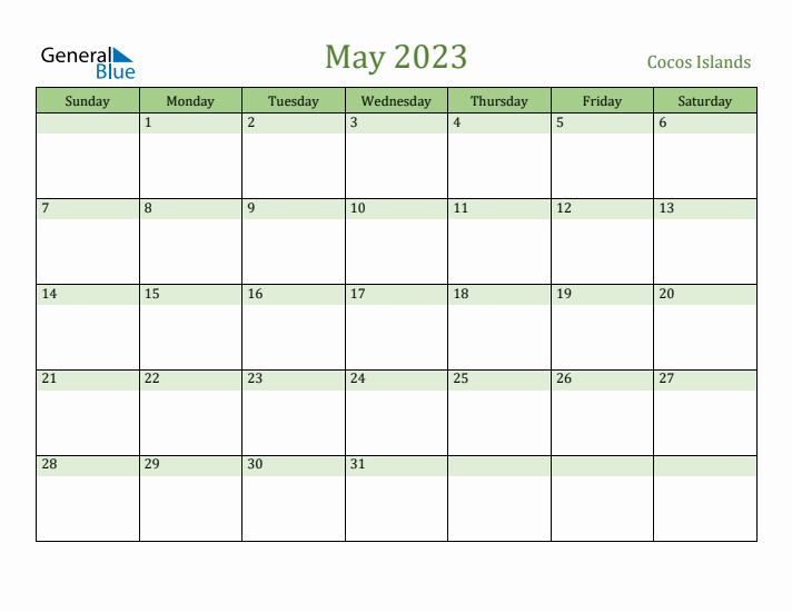 May 2023 Calendar with Cocos Islands Holidays