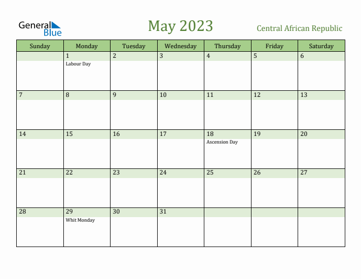 May 2023 Calendar with Central African Republic Holidays