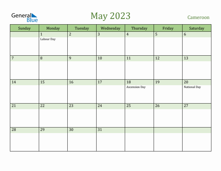 May 2023 Calendar with Cameroon Holidays