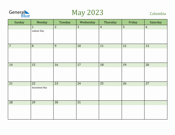 May 2023 Calendar with Colombia Holidays