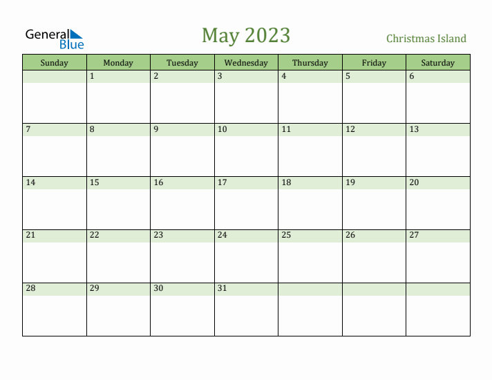 May 2023 Calendar with Christmas Island Holidays