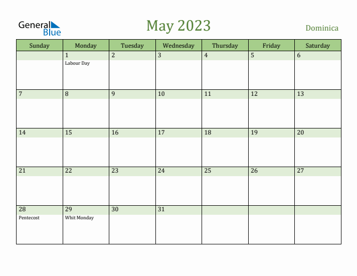 May 2023 Calendar with Dominica Holidays
