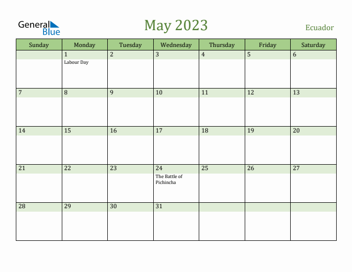 May 2023 Calendar with Ecuador Holidays