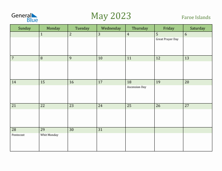 May 2023 Calendar with Faroe Islands Holidays