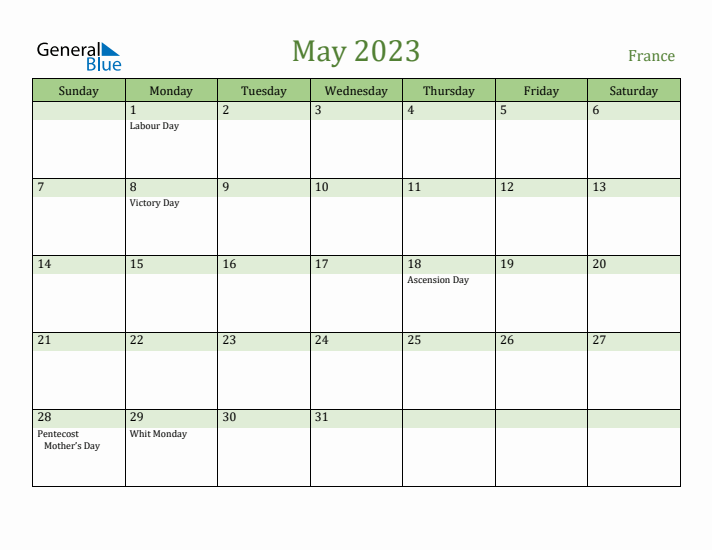 May 2023 Calendar with France Holidays