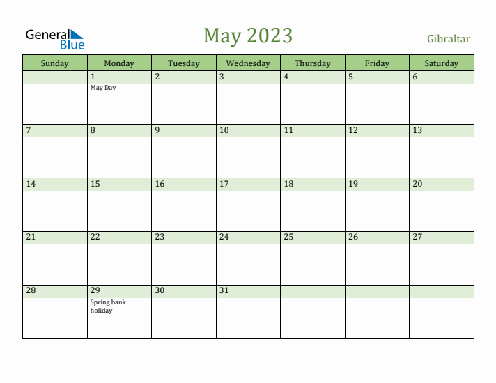May 2023 Calendar with Gibraltar Holidays