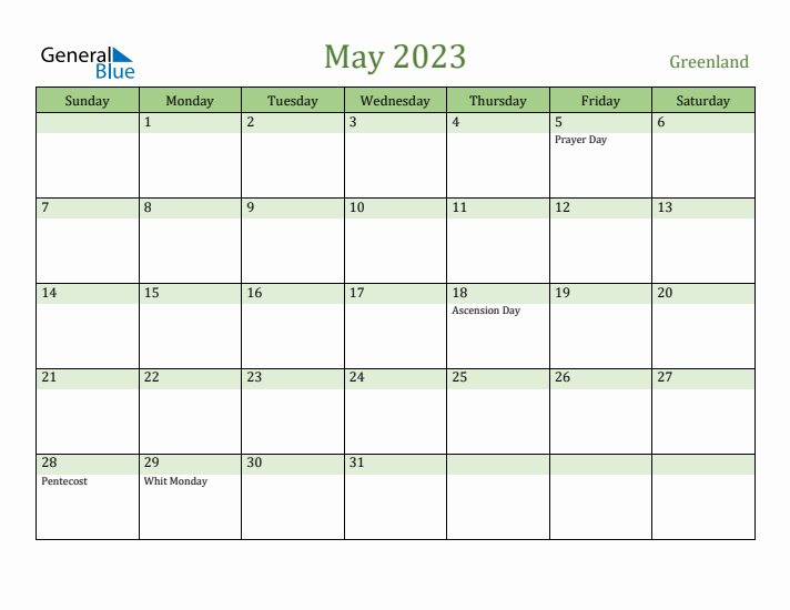 May 2023 Calendar with Greenland Holidays