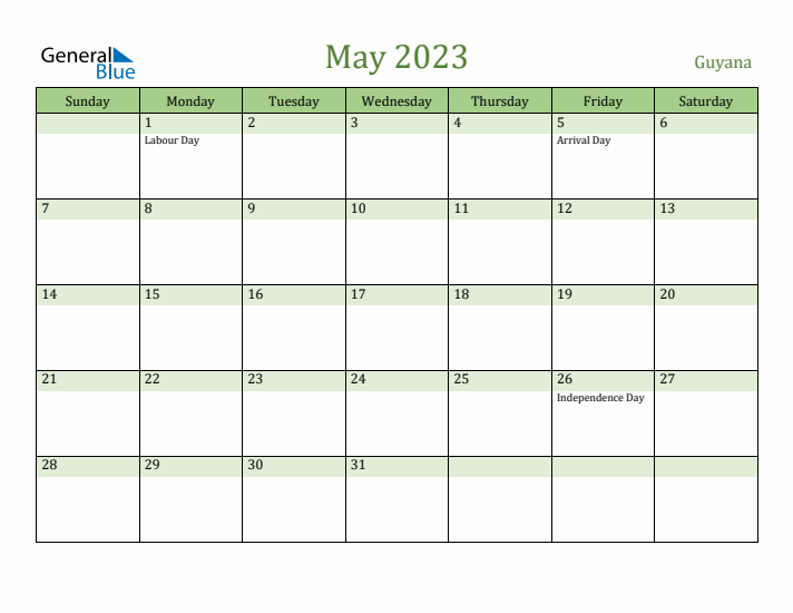 May 2023 Calendar with Guyana Holidays
