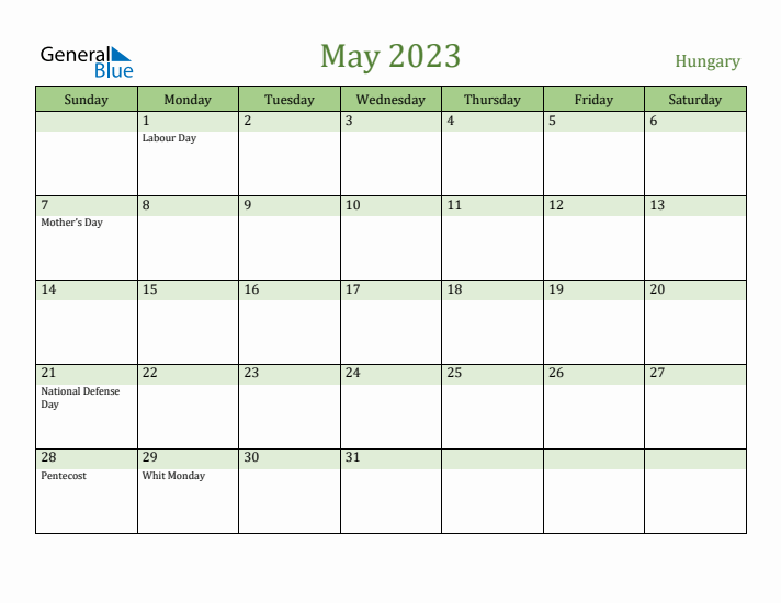 May 2023 Calendar with Hungary Holidays