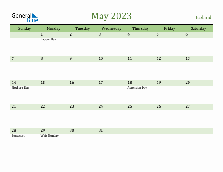 May 2023 Calendar with Iceland Holidays